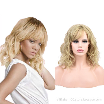 Cheap Wholesale Heat Resistant Ombre Brown Black Blonde Pink Curly Wig For Women Synthetic Short Water Wavy Wigs With Bangs